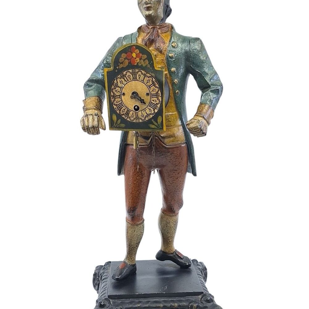Antique Victorian Cast Iron Peddler Clock Figurine Multicolor 1850s Needs Repair